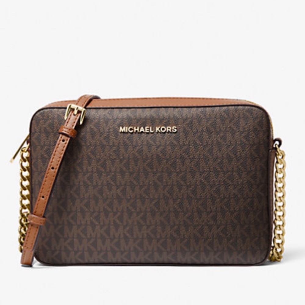 Michael Kors Jet Set Large Printed Logo Crossbody Bag Brown Leather Gold Chain